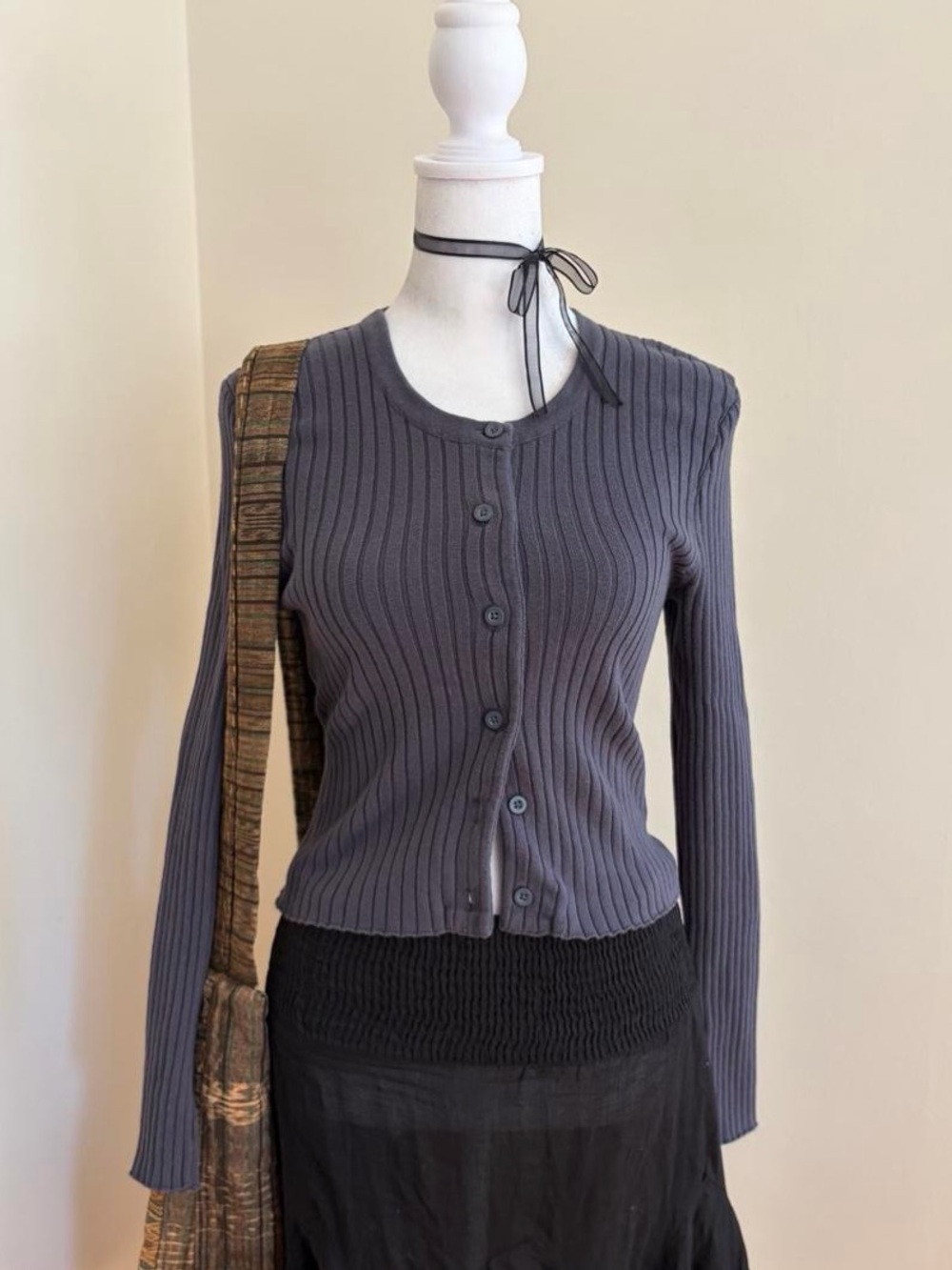 Organic Basics 90s grunge gray ribbed knit fitted cotton cardigan sweater XXS-XS